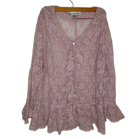 Denim 24/7 Sheer Lace Bell Sleeve Button Front Blouse Cardigan - Picture 1 of 7